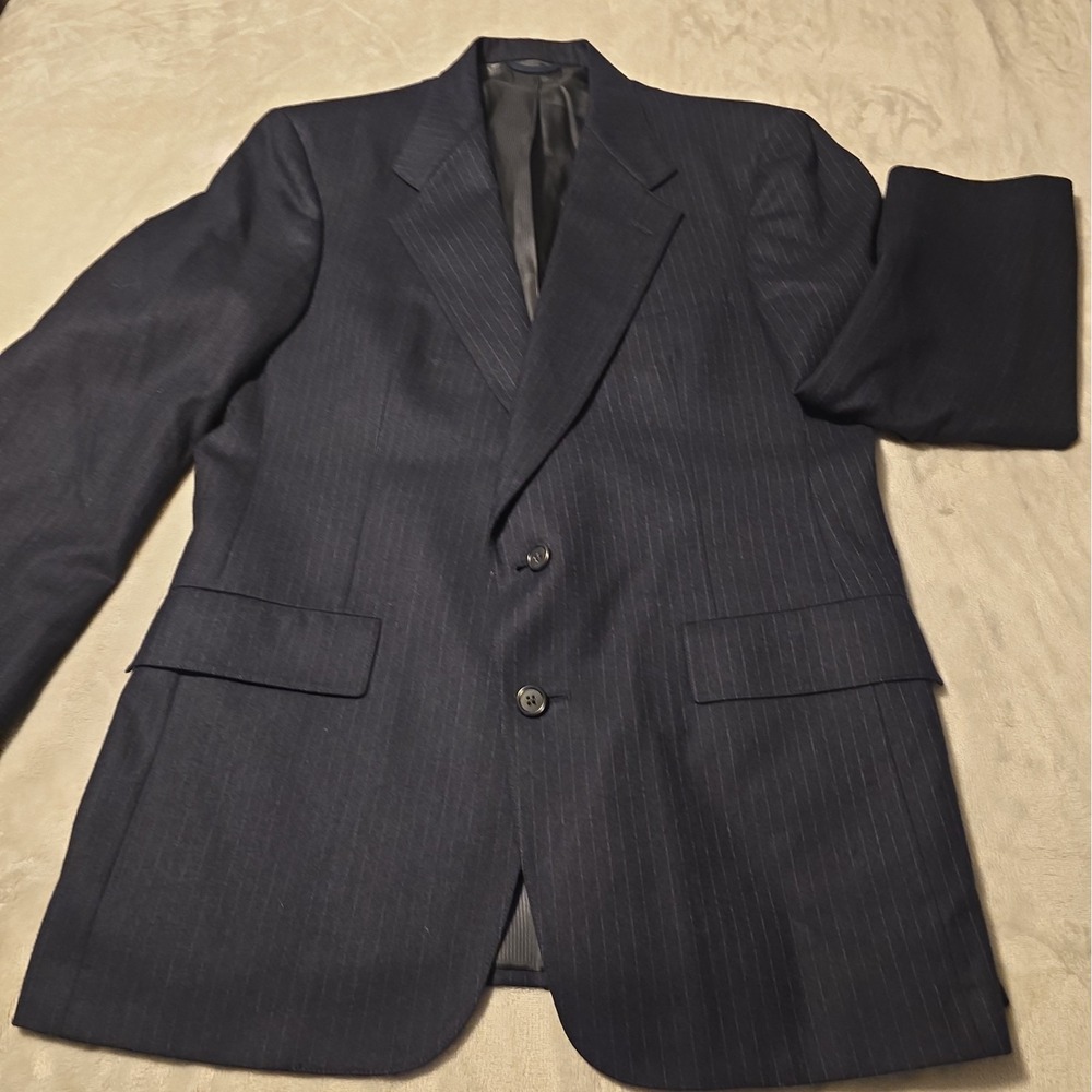 Austin Reed Jacket Navy Pinstripe 100% Wool Twill Blazer Made in USA Nautical
